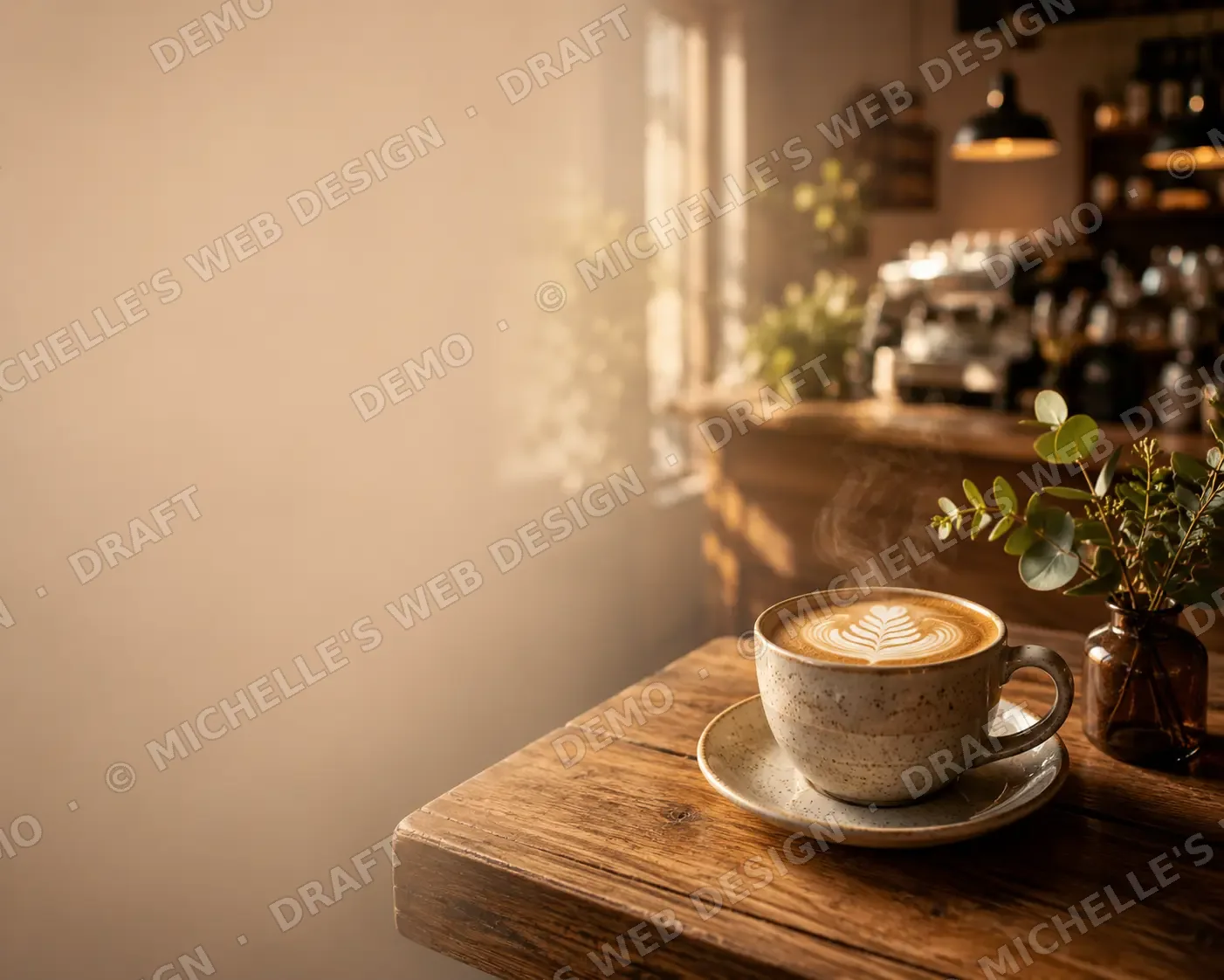 Cozy cup of coffee by the window inside Oak & Steam Coffee Co.