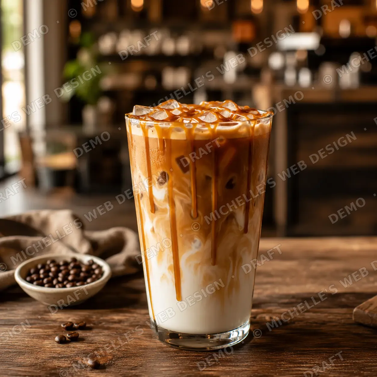 Caramel macchiato layered with espresso and caramel drizzle