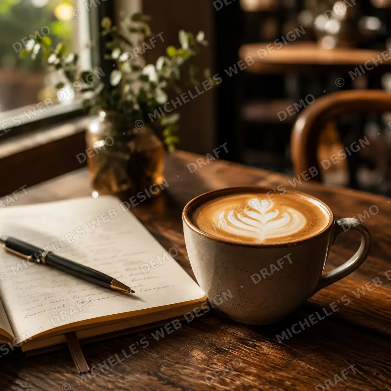 Latte and journal on a café table