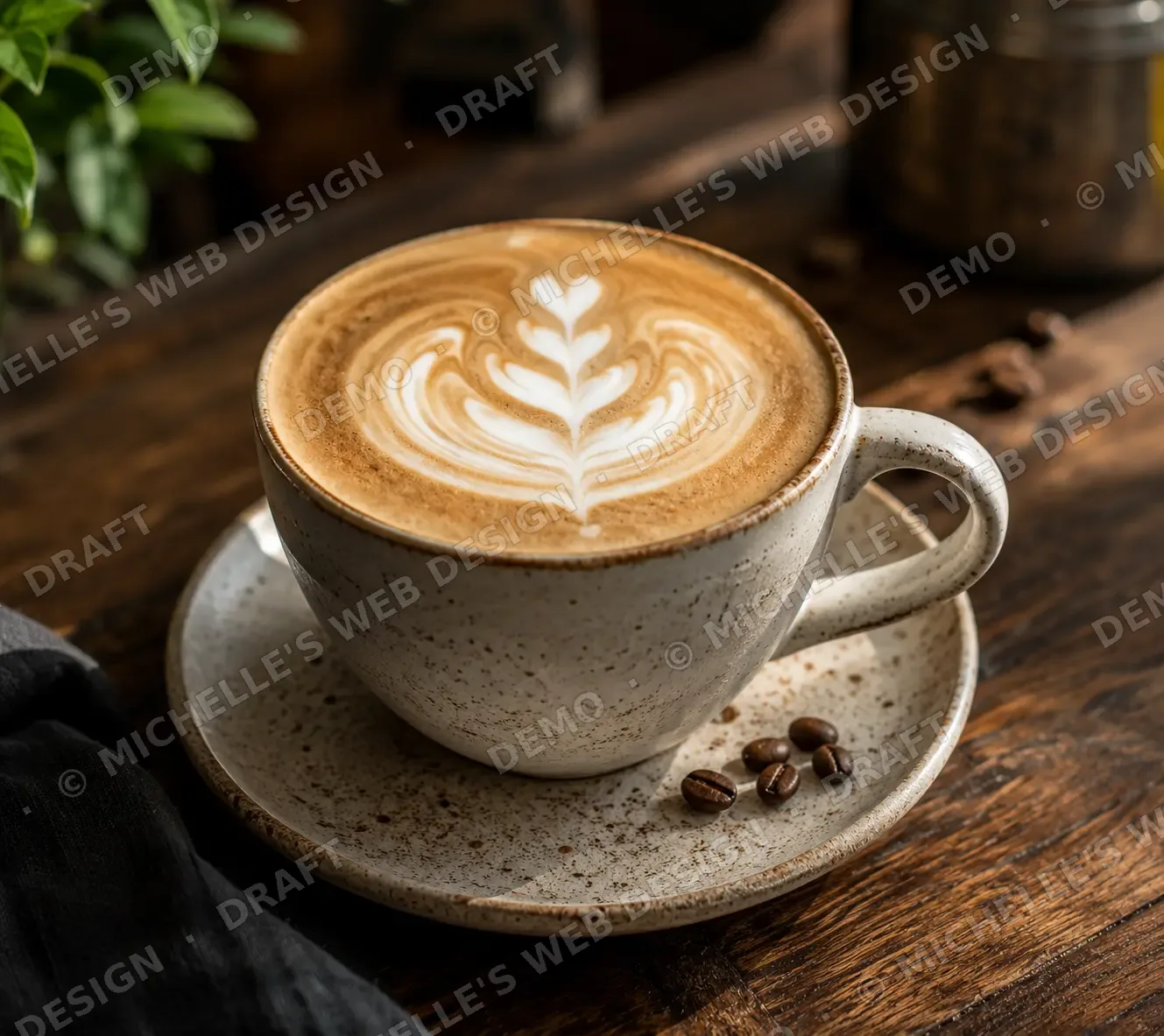 Signature latte with detailed rosetta latte art