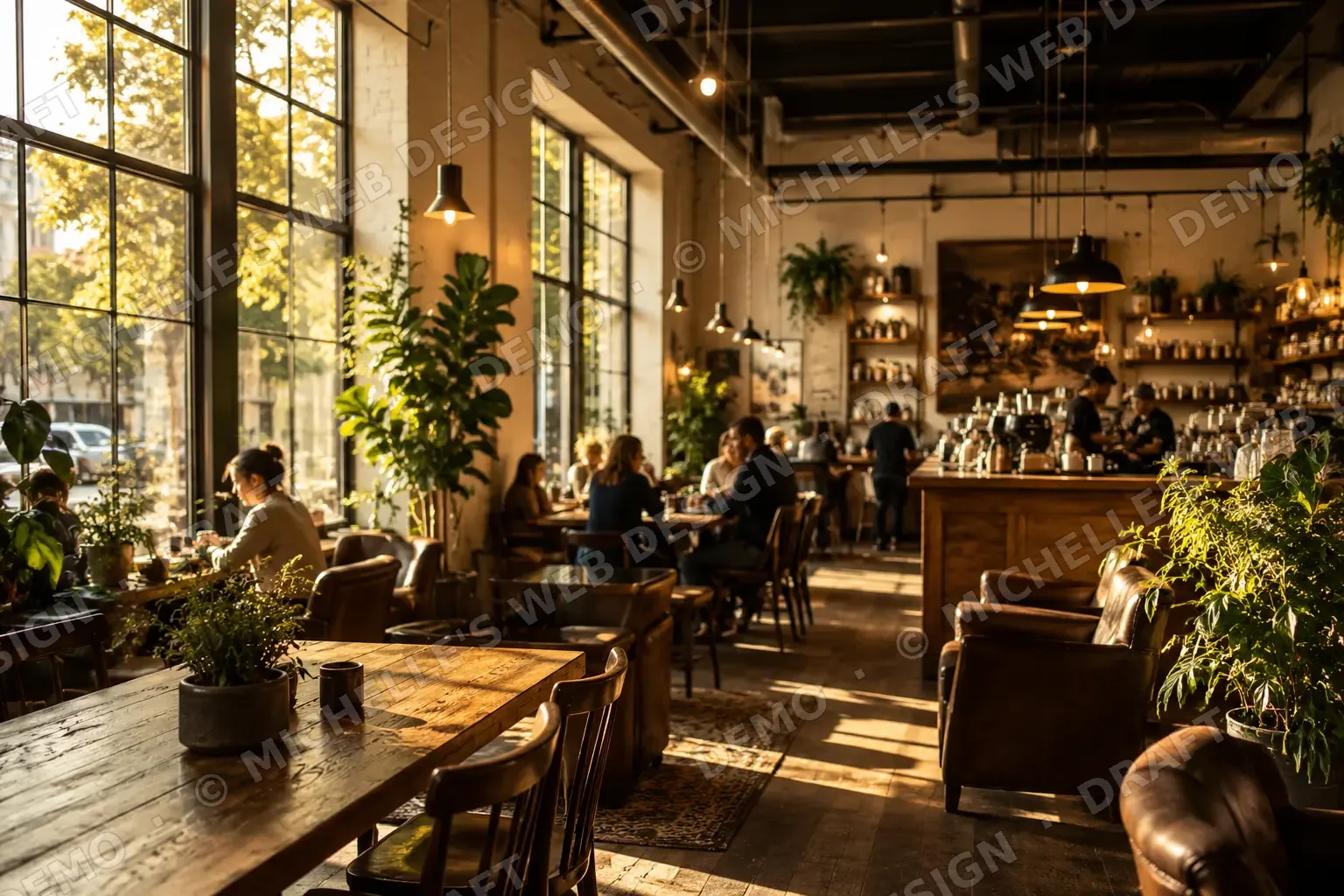 Sunlit, plant-filled café seating area at Oak & Steam