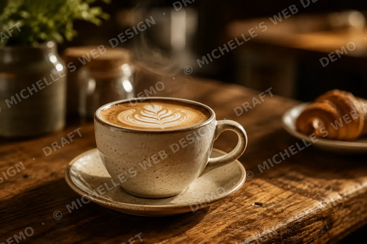 Latte with rosetta art beside a croissant
