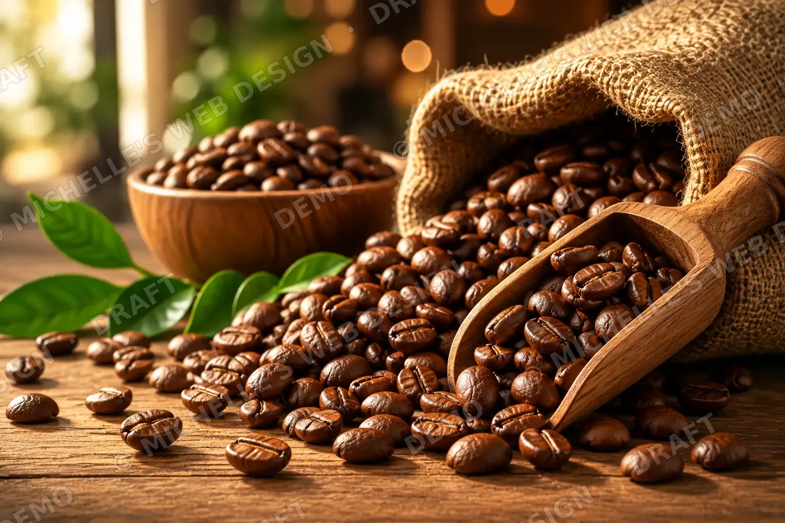 Freshly roasted coffee beans spilling from a burlap sack