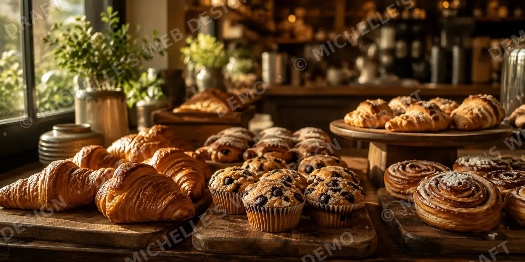 Spread of fresh-baked croissants, muffins, and pastries