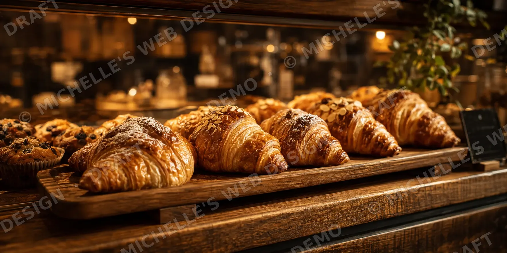 Golden croissants on display in the bakery case